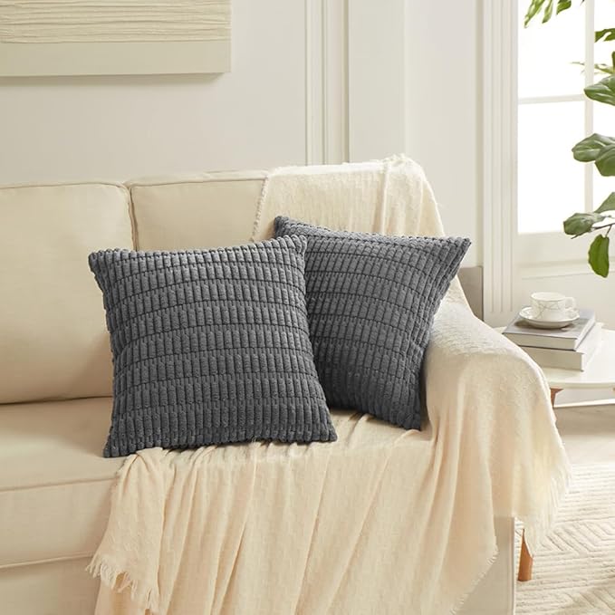 Fancy Homi 4 Packs Dark Grey Decorative Throw Pillow Covers 22x22 Inch for Couch Bed, Rustic Modern Farmhouse Boho Home Decor, Soft Plush Corduroy Gray Cute Square Accent Cushion Case 55x55 cm