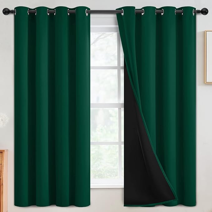 SimpleHome 100% Blackout Curtains for Bedroom,Thermal Insulated Grommet Window Drapes Room Darkening Dark Green Curtains for Living Room with Black Back,52 x 63 Inch,2 Panels