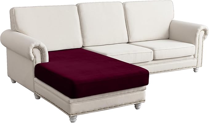 Couch Cover Velvet Chaise Cushion Cover for Sectional Sofas - Elastic L-Shaped Sofa Seat Covers Washable, Slipcover Protector (1-Piece, Wine)