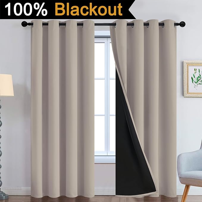 Yakamok 100% Blackout Curtains 90 Inches Long, 2 Thick Layers Heat and Full Light Blocking Soft Thermal Insulated Drapes for Bedroom(52" Wide Each Panel, Natural, 2 Panels)