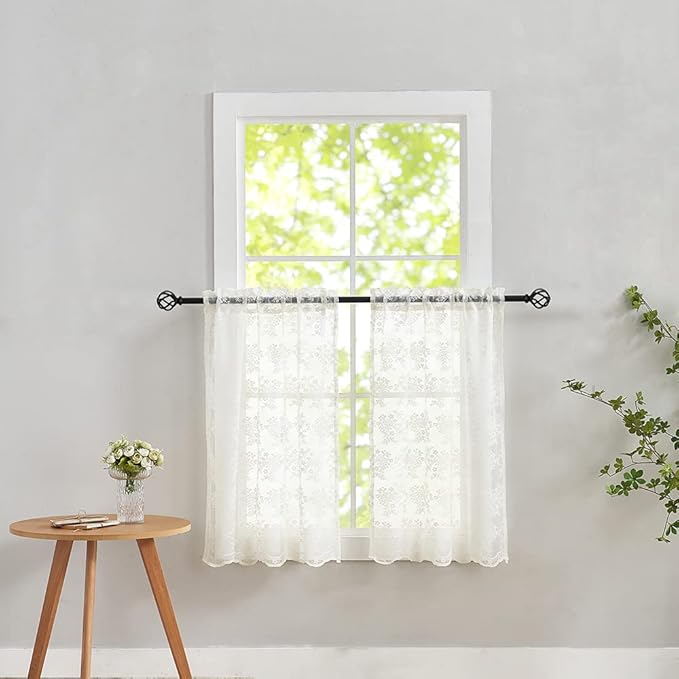 YJ YANJUN Vintage Lace Curtains 36 Inch Length-Victorian Floral Pattern Ivory Country Cafe Sheer Curtains for Kitchen & Bathroom, Short Light Filtering Drapes, 2 Panels 26W x 36L Cream