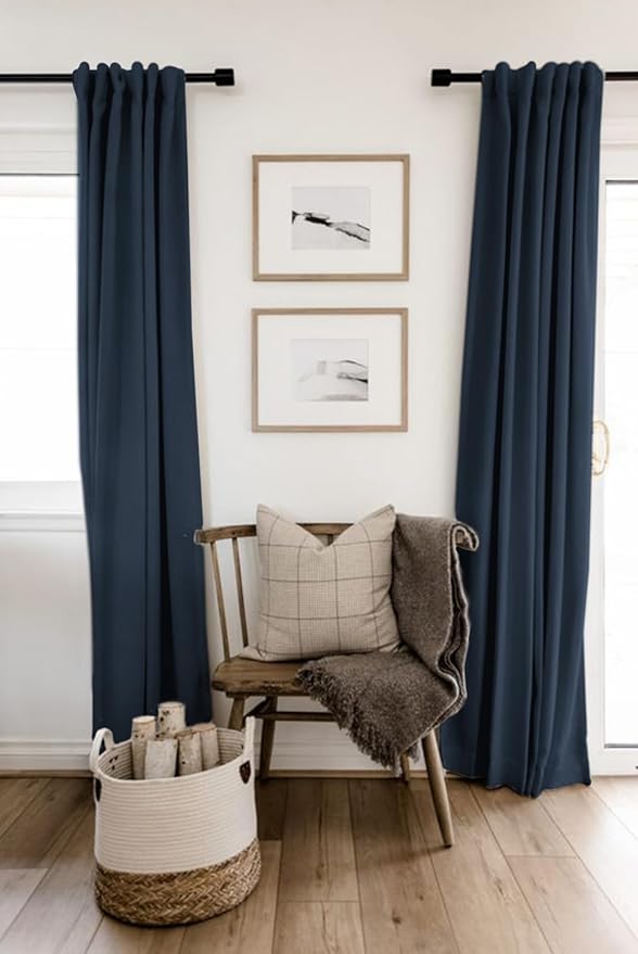 100% Blackout Shield Linen Blackout Curtains for Bedroom 84 Inches Long, Back Tab/Rod Pocket Living Room Drapes, Thermal Insulated Blackout Curtains 2 Panels Set, 50" W x 84" L, Navy