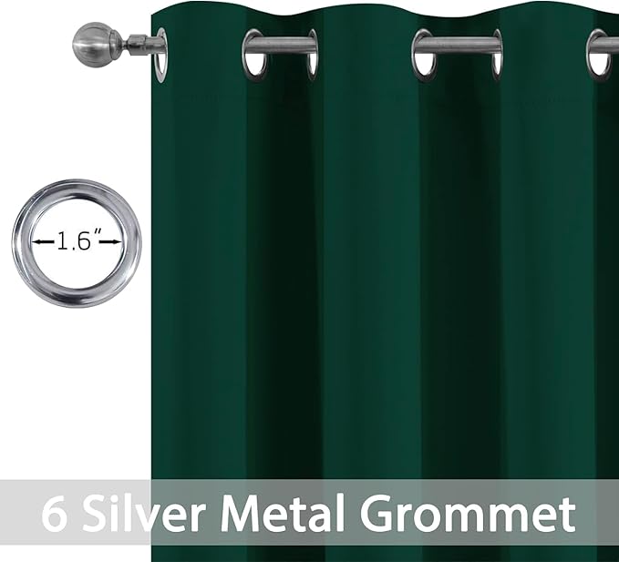 Yakamok Dark Green Blackout Curtains for Bedroom, Room Darkening Thermal Insulated Grommet Window Curtains, Light Blocking Blackout Drapes for Living Room, 42Wx72L inch,2 Panels