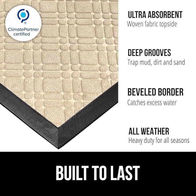 GORILLA GRIP 100% Waterproof All-Season WeatherMAX Doormat 35x23, US Designed Natural Rubber, Stain and Fade Resistant, Low Profile Indoor Outdoor Door Mats, Easy Clean Patio Mat, Modern Latte