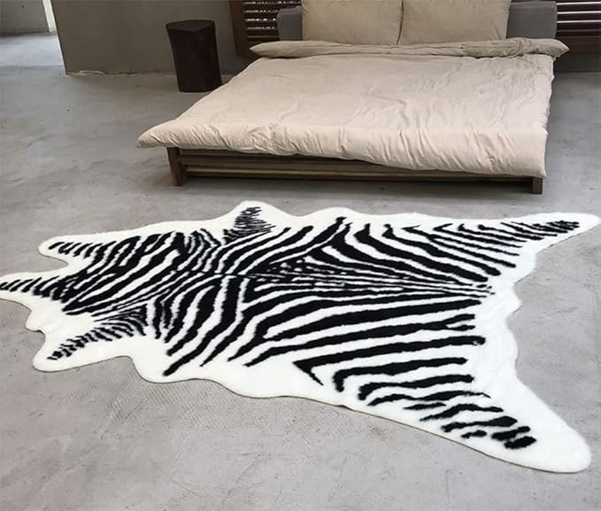Zebra Print Rug Faux Animal Cowhide Skin Area Rug Leather Carpet Mat Small Size for Home Office Livingroom 3.1' x 3.6'