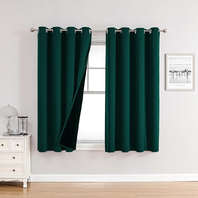 ChrisDowa 100% Blackout Curtains for Bedroom with Black Liner, 2 Thick Layers Total Blackout Thermal Insulated Grommet Window Curtains 2 Panels Set (Forest Green, 52 x 63 Inch)