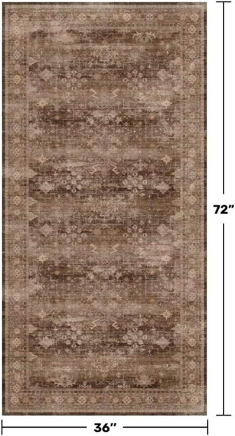 Brown Boho Washable 3x6 Entryway Runner Rug, Indoor Hallway Kitchen Floor Rug, Non-Slip Stain & Fade Resistant, Vintage Dark Neutral Floral Decor