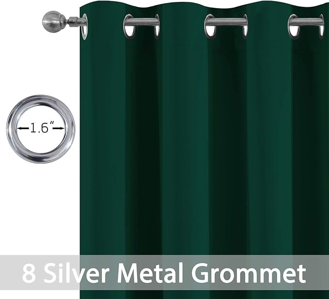 Yakamok Light Blocking Blackout Curtains， Thermal Insulated Room Darkening Drapes for Bedroom, Solid Grommet Top Window Curtains, 52x72 Inch, Dark Green, 2 Panels