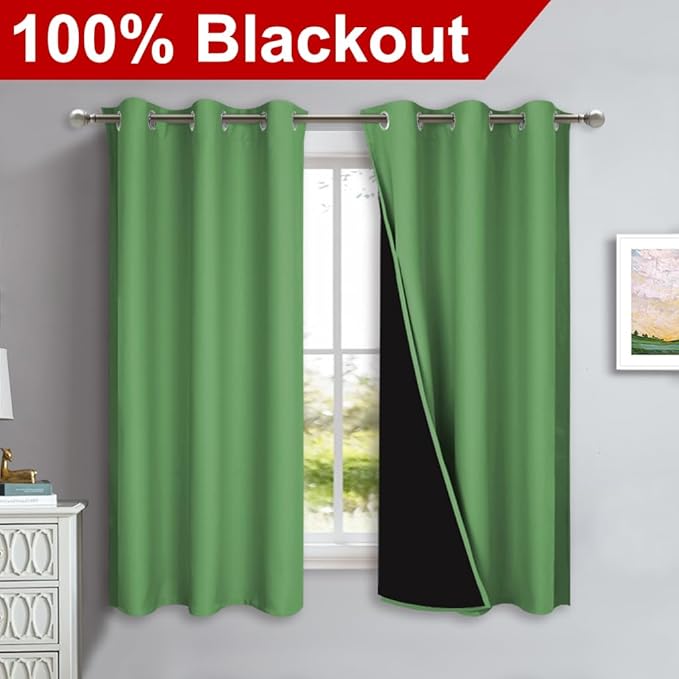 NICETOWN 100% Blackout Short Curtains with Black Liners, 2 Panels, 37" W by 63" L, Forest Green, Solid Thermal Insulated Full Blackout 2-Layer Lined Drapes, Energy Efficiency Window Drapes for Bedroom