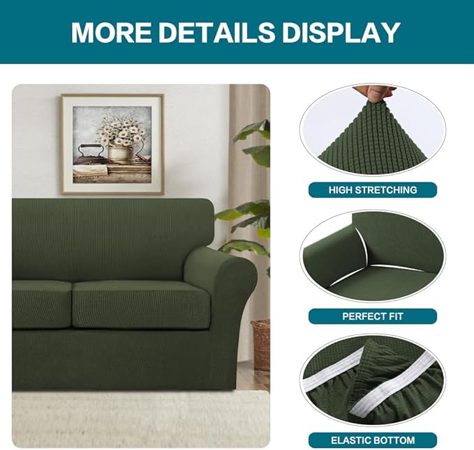 Turquoize 4 Piece Sofa Covers for 3 Cushion Couch Sofa Slipcover Soft Couch Cover for Dogs-Washable Sofa Furniture Covers with 3 Individual Large Cushion Covers (XL Sofa, Olive)