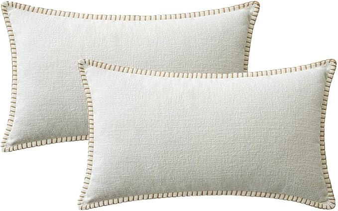 MIULEE Pack of 2 Christmas Pillow Covers 12x20 Inch Pure White Farmhouse Decorative Throw Pillow Covers with Stitched Edge Soft Chenille Solid Dyed Couch Pillow Covers for Sofa Bed Living Room