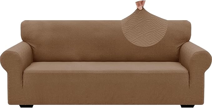 ZNSAYOTX 1 Piece Jacquard Couch Covers for 3 Cushion Couch Living Room High Stretch Sofa Cover Pets Dogs Friendly Anti Slip Thickened Slipcovers Furniture Protector (Large,New Pattern Light Coffee)