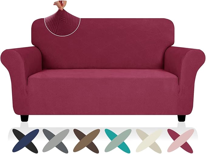 ZNSAYOTX Super Stretch Loveseat Covers (57"-70"), New Striped Love Seat Slipcover, Dogs Pet Friendly Anti-Slip Couch Protector Spandex Durable 2 Seater Fabric Sofa Cover (Wine Red, Loveseat)
