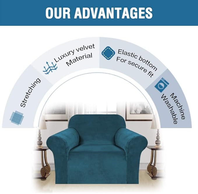 H.VERSAILTEX Stretch Velvet Armchair Cover Couch Covers 1 Cushion Chair Slipcover for Living Room Furniture Cover Crafted from Thick Comfy Rich Velour (Chair 31"-49", Deep Teal)