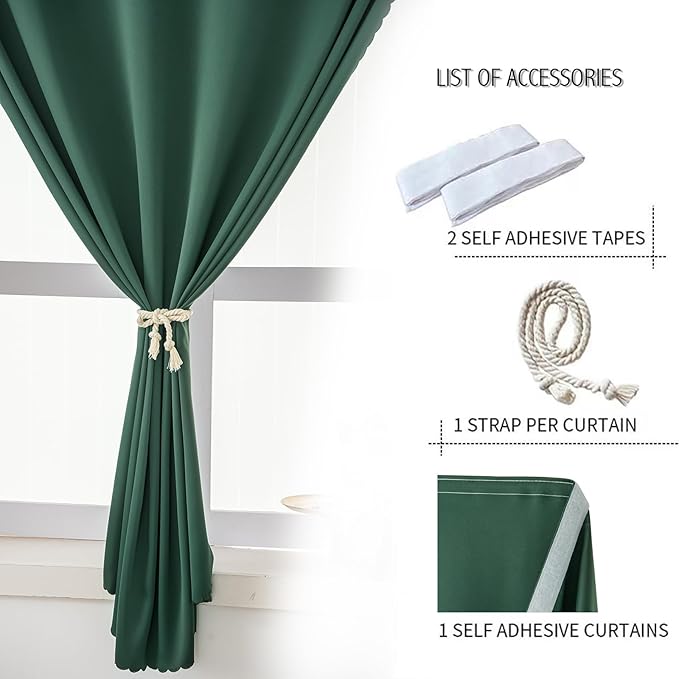 Blackout Curtains for Bedroom Stick On Curtains Window Shades Pull Down Blackout Window Cover No Drillng Self Adhesive Curtains No Rod Small Curtain, 47" W X 59" L, Dark Green, 1 Panel