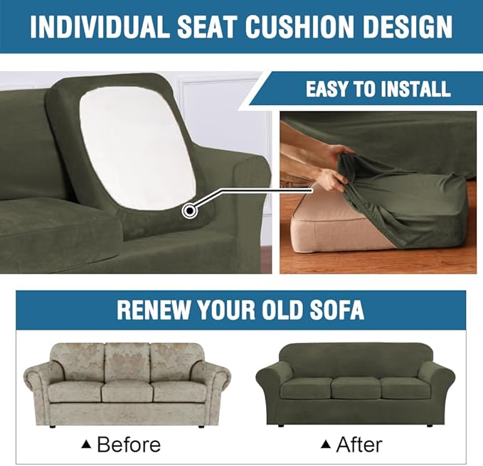 H.VERSAILTEX Real Velvet Plush 3 Piece Stretch Sofa Covers Couch Covers for 2 Cushion Couch Sofa Slipcovers Width Up to 90 Inch Feature Thick Soft Stay in Place (Sofa, Olive)