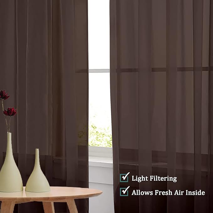 OVZME Chocolate Brown Sheer Curtains 45 Inches Long 2 Panels, Light Filtering Sheer Curtains for Bedroom, Elegant Airy Draperies for Living Room Nursery Room, Dual Rod Pocket, Each 42Wx 45L