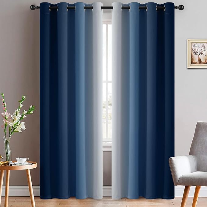 Yakamok Blue Ombre Curtains Room Darkening Grommet Curtains for Bedroom, Light Blocking Thermal Insulated Window Drapes for Living Room(2 Panels, 52x90 Inch)