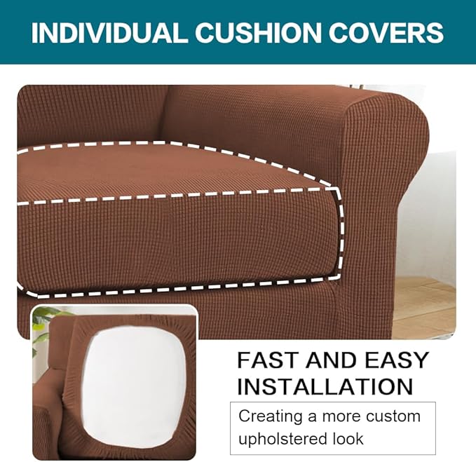 Turquoize 2 Piece Chair Covers Chair Slipcovers for Living Room Armchair Couch Cover Chair Sofa Cover with Individual Cushion Covers Furniture Cover for Chairs Feature Jacquard Fabric (Chair, Caramel)