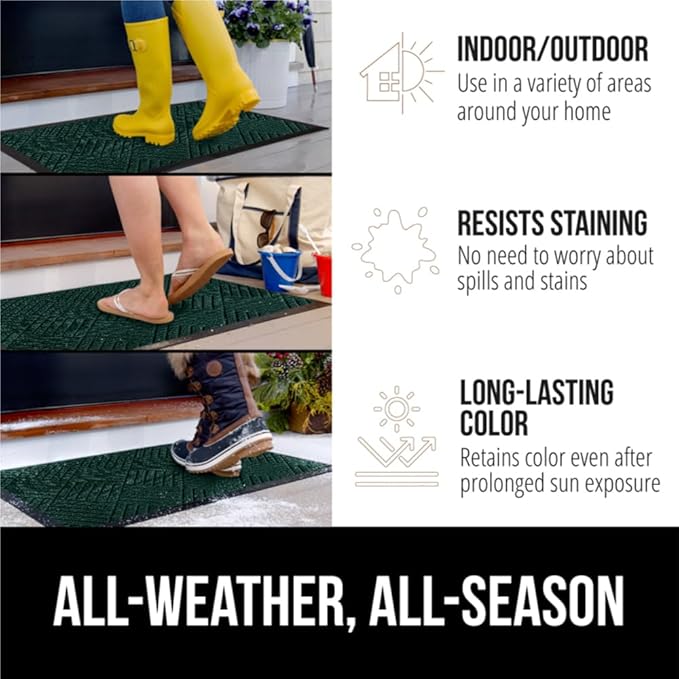 GORILLA GRIP 100% Waterproof All-Season WeatherMAX Doormat US Designed Natural Rubber, Stain and Fade Resistant, Low Profile Indoor Outdoor Door Mats, Easy Clean Patio Mat, 23x35, Green Diamond