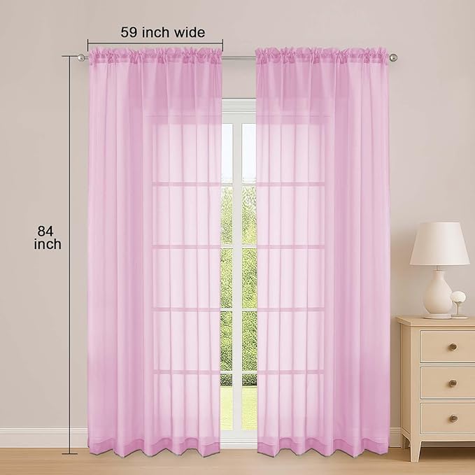 OWENIE Sheer Curtains 84 Inches Long 2 Panels Set, Sheer Pink Curtains for Living Room Bedroom 59 Inch Extra Wide, Modern Voile Filmy Rod Pocket Drapes, 2 Pcs, Each 59 W x 84L, Pink