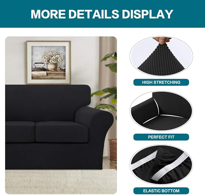 Turquoize 3 Piece Sofa Covers for 2 Cushion Couch Sofa Slipcover Soft Couch Cover for Dogs-Washable Sofa Furniture Covers with 2 Individual Cushion Covers, Feature Jacquard Fabric (Loveseat, Black)