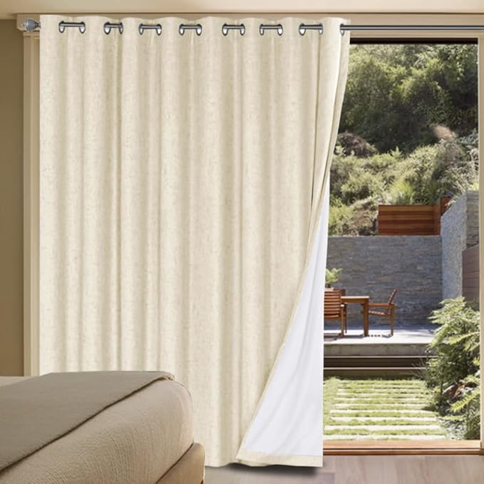 H.VERSAILTEX Linen Blackout Curtains Durable Thick Textured Linen Look 100% Blackout Patio Door Curtain Anti Rust Grommet Extra Wide Sliding Door Curtain Panel, Bleached Sand, W100 x L108 inch