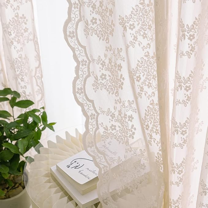 YJ YANJUN Vintage Lace Curtains 63 Inch Length 2 Panels Set Cute Floral Designs Dusty Pink Sheer Curtain Panels for Girls Bedroom with Wavy Edge Rod Pocket, 52 x 63 Inch, Blush Pink