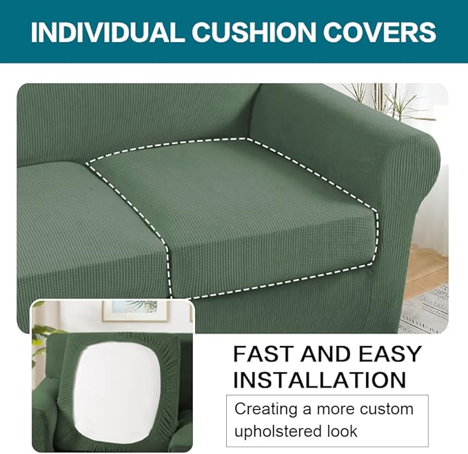 Turquoize 3 Piece Sofa Covers for 2 Cushion Couch Sofa Slipcover Soft Couch Cover for Dogs-Washable Sofa Furniture Covers with 2 Individual Cushion Covers, Jacquard Fabric (Loveseat, Loden Frost)