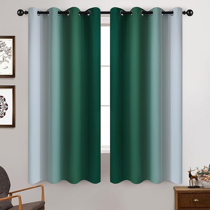 Yakamok Dark Green Ombre Curtains 63 Inches Long, Light Blocking Gradient Color Curtain Panels, Room Darkening Grommet Window Drapes for Bedroom(52x63 Inch, 2 Panels)