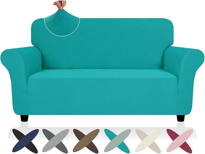 ZNSAYOTX Super Stretch Loveseat Covers (57"-70"), New Striped Love Seat Slipcover, Dogs Pet Friendly Anti-Slip Couch Protector Spandex Durable 2 Seater Fabric Sofa Cover (Peacock Teal, Loveseat)