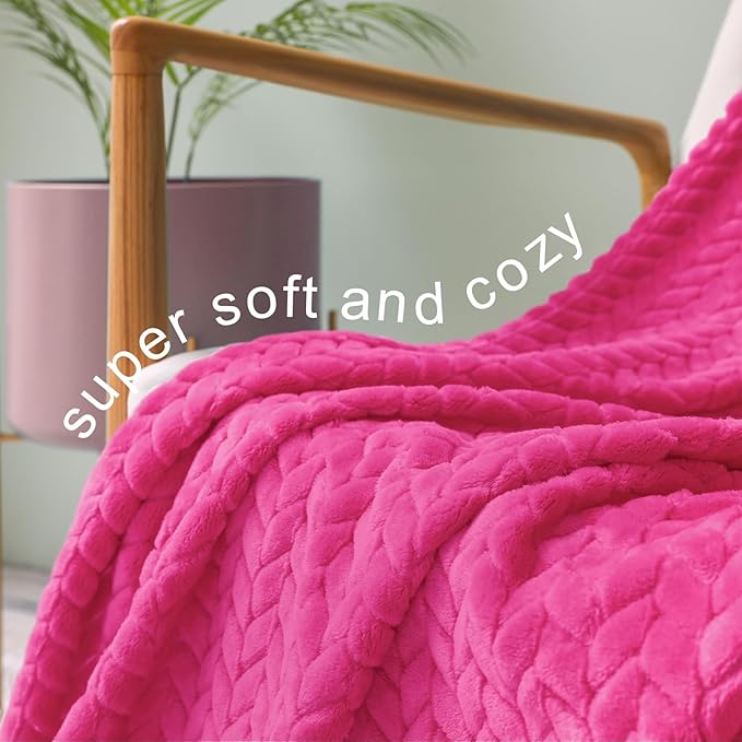 Exclusivo Mezcla Fleece Throw Blanket for Couch and Bed, 50x70 Inches Soft Cozy Jacquard Flannel Blankets, Lightweight Fuzzy Plush Warm Throws for Women, Hot Pink