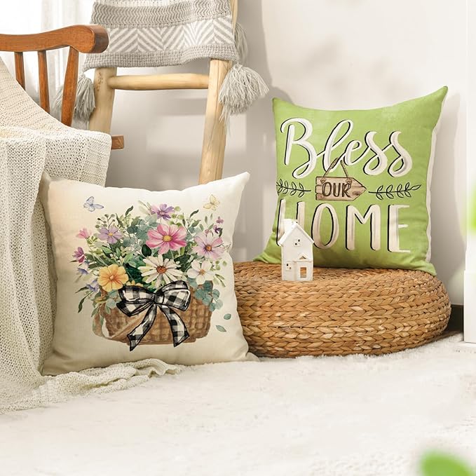 AVOIN colorlife Bless Our Home Eucalyptus Leaves Throw Pillow Covers, 16 x 16 Inch Spring Summer Truck Cushion Case for Home Sofa Couch Set of 4