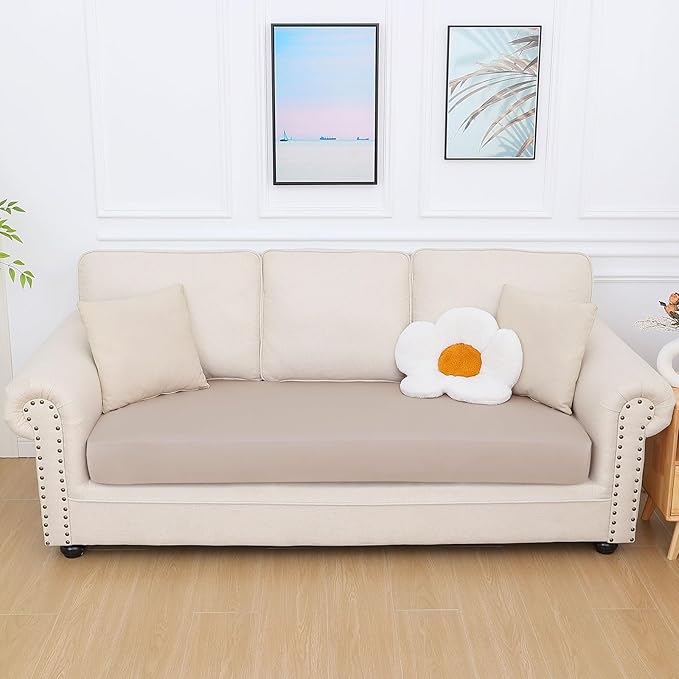 hyha Milk Silk Couch Cushion Covers, Soft Magic Sofa Covers Washable for 3 Cushion Couch, Stretch Sectional Outdoor Cushion Covers for Patio Furniture with Elastic Bottom(Large, Taupe)