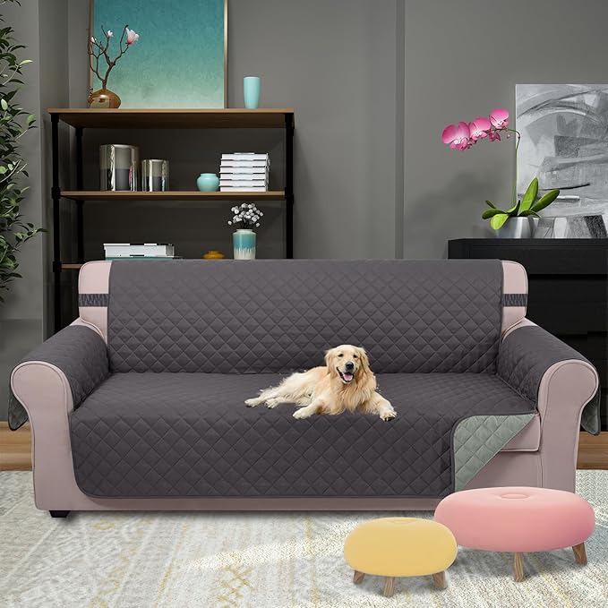U-NICE HOME Reversible Sofa Cover Washable Couch Cover for Dogs with Elastic Straps Water Repellent Furniture Protector for 3 Cushion Couch Pet Friendly (Sofa, Dark Grey/Light Grey)