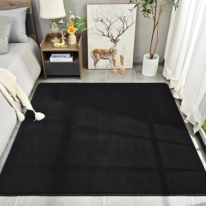 Amearea 4x4 Square Area Rugs for Bedroom Living Room, Modern Black Thickened Memory Foam Rug, Fluffy Indoor Washable Rug Non Slip Minimalist Carpet for Entryway Kids Boys Girls Dorm Nursery Room Decor