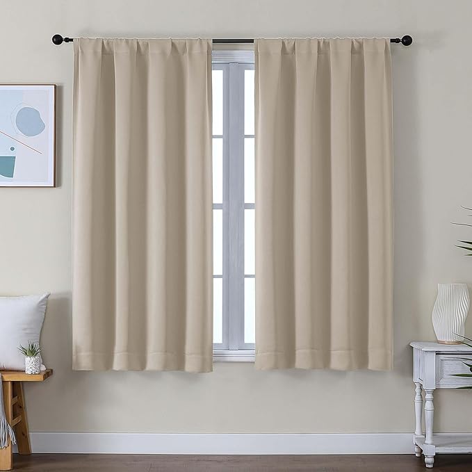 Simplebrand Ava Biscotti Beige Short Blackout Curtains for Bedroom 54 Inches Long 2 Panels Set, Solid Thermal Insulated, Energy Saving Window Treatment Curtains Blackout Drapes, W40 x L54 Inch