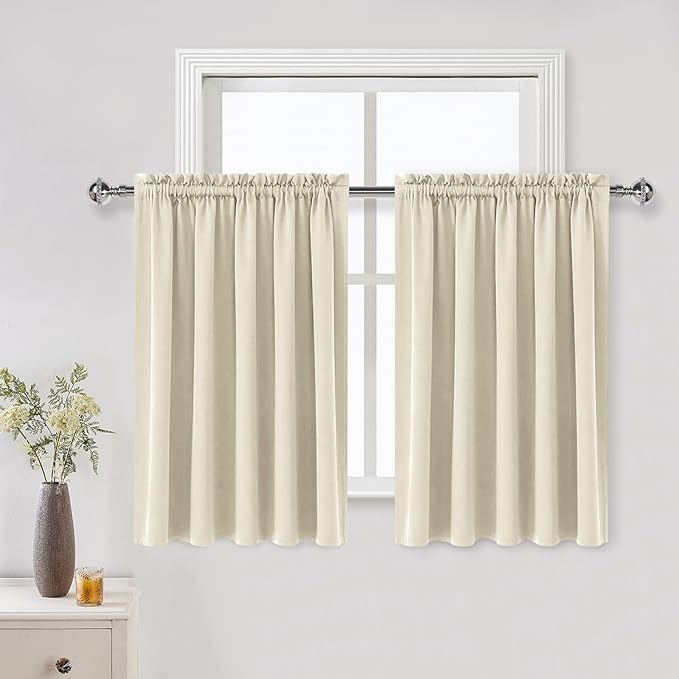 DWCN Thermal Short Blackout Curtains for Bedroom/Kitchen, Energy Saving Room Darkening Curtains for Nursery/Bedroom/Kitchen(W60 x L36inch, Light Beige, Set of 2 Panels, Top of Rod Pocket)