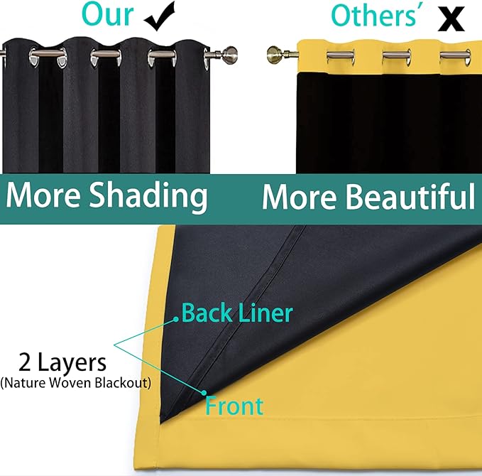 Yakamok 100% Blackout Curtains Energy Saving Thermal Insulated 2 Thick Layers Completely Blackout Drapes with Black Liner for Bedroom (52Wx84L,Mustard Yellow, Set of 2)