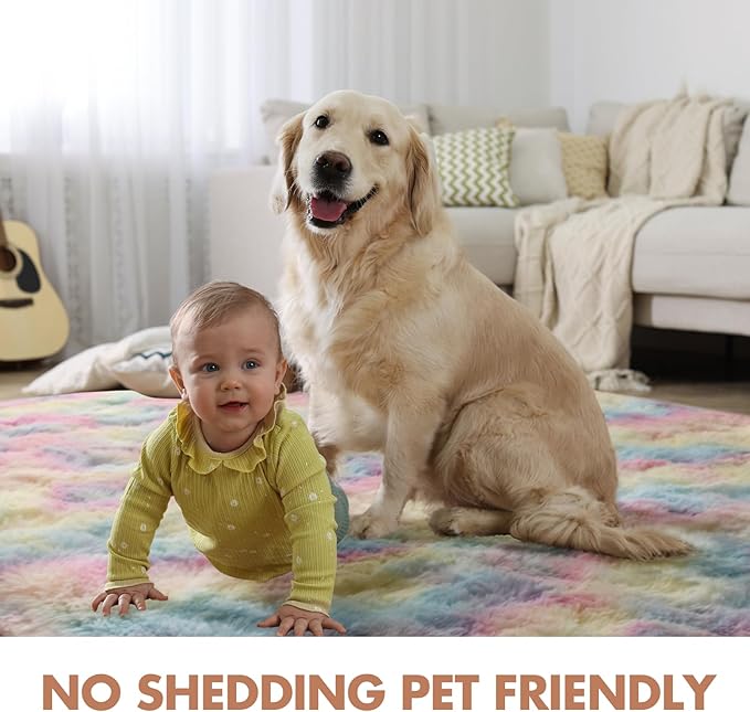 4x6 Ft Shag Kids Colorful Rugs for Bedroom, Ultra Soft Fluffy Furry Area Rugs for Nursery Living Room Indoor Floor, Aesthetic Carpet Home Decor (Rainbow)
