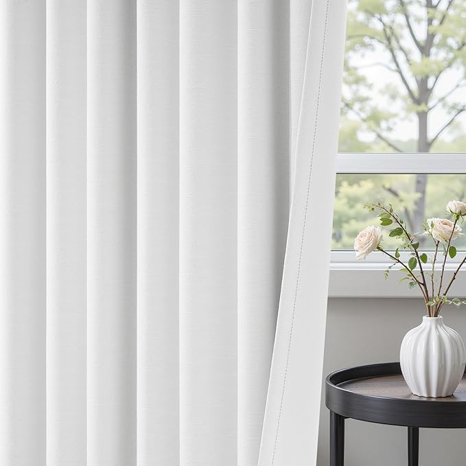 Beige White Linen blackout curtains 84 inch long 2 Panels 100% Black out Linen texture Curtain ivory Window Drapes with Back Tab Rod Pocket Sun Blocking Noise Insulated Curtain for Bedroom Living Room
