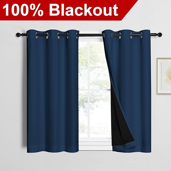 NICETOWN Moroccan Blue 100% Blackout Curtains 45 inches Long, Thermal Insulated Full Blackout 2-Layer Lined Curtains, Energy Efficiency Window Draperies for Dining Room (2 Panels, 42-inch W)
