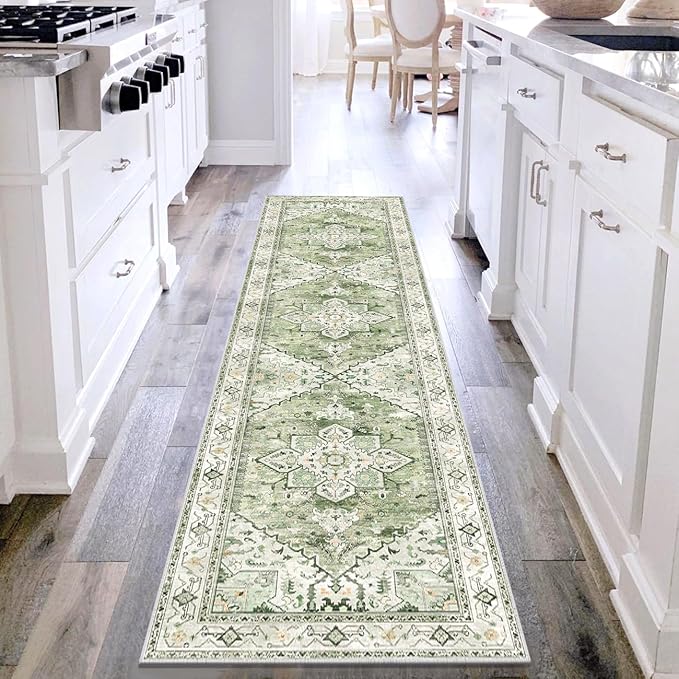 Yamaziot Washable Runner Rug, 2x8 Non-Slip Boho Vintage Hallway Rug Runner with Rubber Backing, Stain Resistant & Low Pile Faux Wool Distressed Carpet Runner for Kitchen, Laundry, Entrance, Sage Green