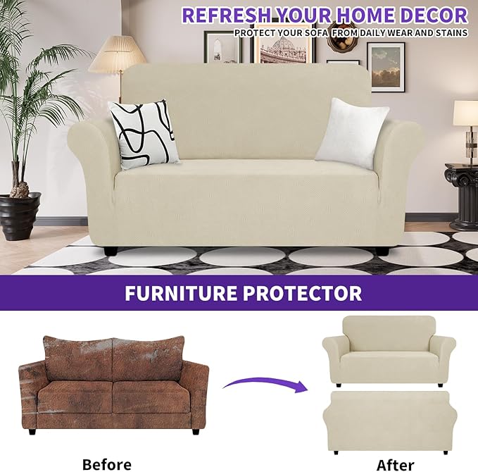 ZNSAYOTX Super Stretch Loveseat Covers (57"-70"), New Striped Love Seat Slipcover, Dogs Pet Friendly Anti-Slip Couch Protector Spandex Durable 2 Seater Fabric Sofa Cover (Khaki, Loveseat)