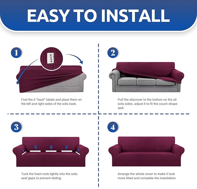 KEKUOU Stretch Oversized Sofa Slipcover 1 Piece Couch Sofa Cover (94"-110") Furniture Protector 4 Seater Sofa with Elastic Bottom for Kids,Pet.Jacquard Checked Pattern Fabric(X Large,Wine)