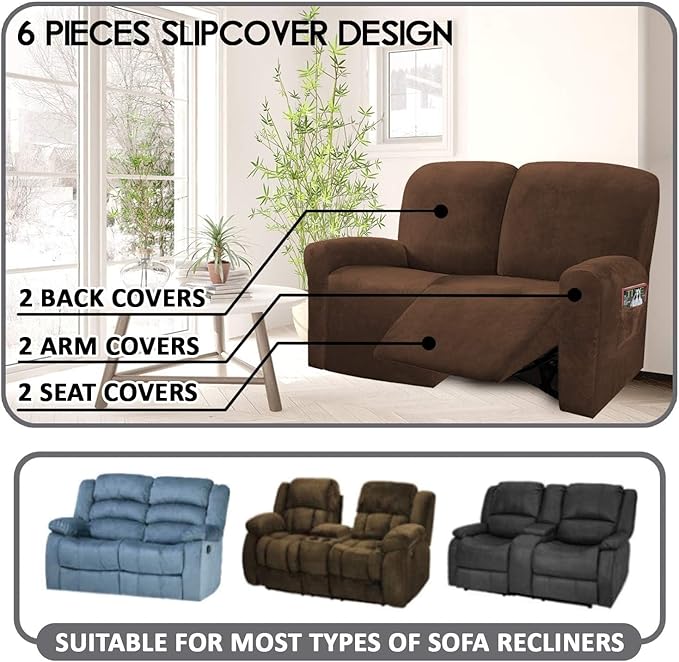 ULTICOR Reclining Love Seat Slipcover, 48" - 65" L, 6-Piece Velvet Stretch Loveseat Reclining Sofa Covers, 2 seat Love seat Recliner Cover, Thick, Soft, Washable (Chocolate)