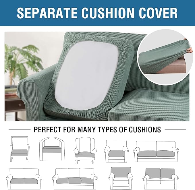 H.VERSAILTEX 4 Piece Stretch Sofa Covers for 3 Cushion Couch Covers for Living Room Furniture Slipcovers (Base Cover Plus 3 Seat Cushion Covers) Thicker Jacquard Fabric (Large Sofa, Sage)