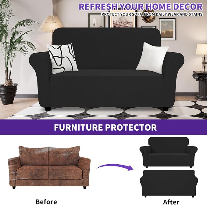 ZNSAYOTX Super Stretch Loveseat Covers (57"-70"), New Striped Love Seat Slipcover, Dogs Pet Friendly Anti-Slip Couch Protector Spandex Durable 2 Seater Fabric Sofa Cover (Black, Loveseat)