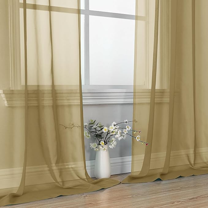 OVZME Gold Sheer Curtains 84 Inches Long 2 Panels - Soft Light Filtering Window Sheer Panels for Living Room/Bedroom, Top Dual Rod Pocket, 1 Pair, Each 42Wx84L Inches