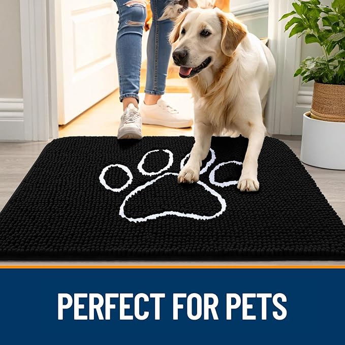 OLANLY Dog Door Mat for Muddy Paws 59x20, Paw Print Design, Absorbs Moisture and Dirt, Absorbent Non-Slip Washable Doormat, Quick Dry Chenille Mud Mat for Dogs, Entry Indoor Entryway Carpet, Black